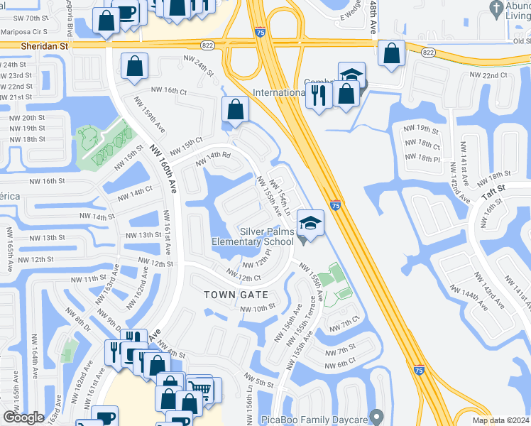 map of restaurants, bars, coffee shops, grocery stores, and more near 15609 Northwest 12th Road in Pembroke Pines
