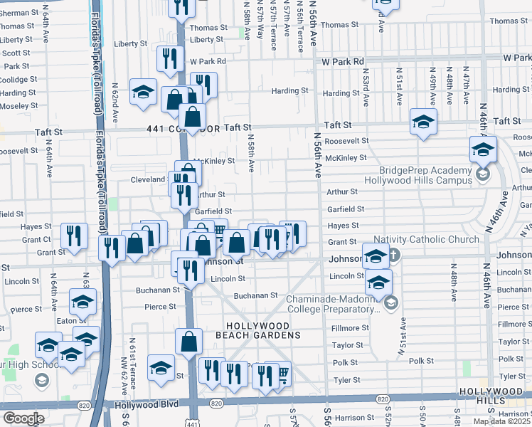 map of restaurants, bars, coffee shops, grocery stores, and more near 5738 Garfield Street in Hollywood