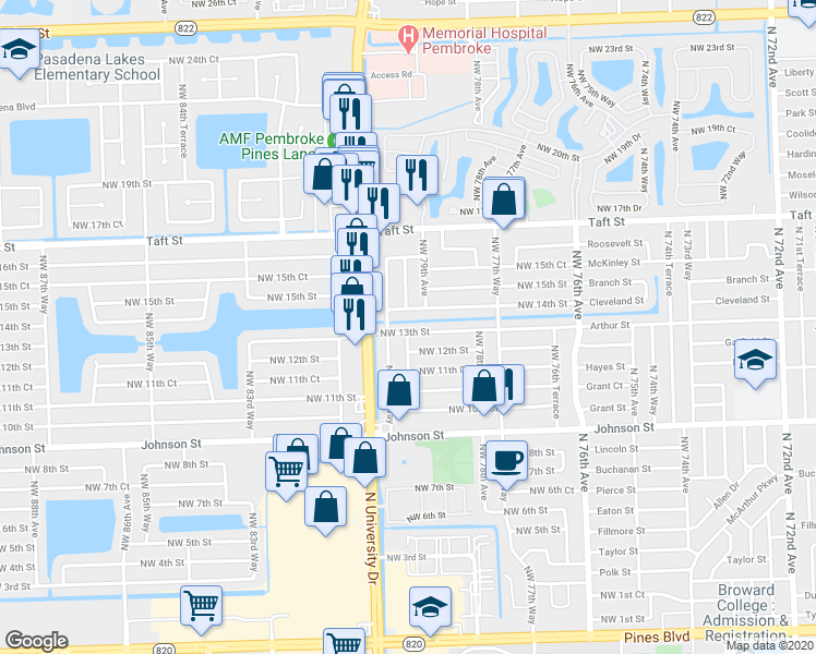 map of restaurants, bars, coffee shops, grocery stores, and more near 7941 Northwest 13th Street in Pembroke Pines