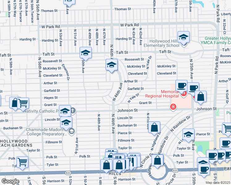 map of restaurants, bars, coffee shops, grocery stores, and more near 1113 North 46th Terrace in Hollywood