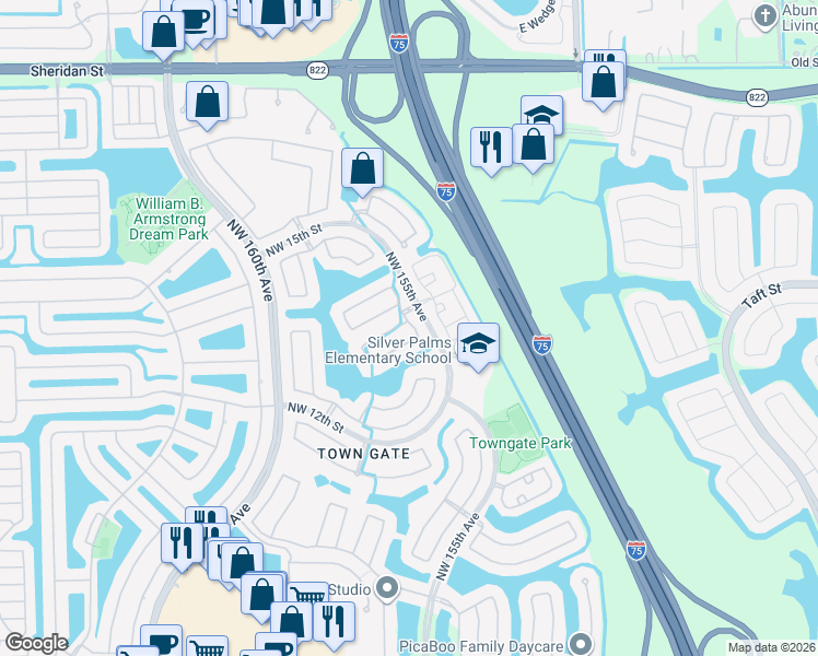 map of restaurants, bars, coffee shops, grocery stores, and more near 15609 Northwest 12th Road in Pembroke Pines