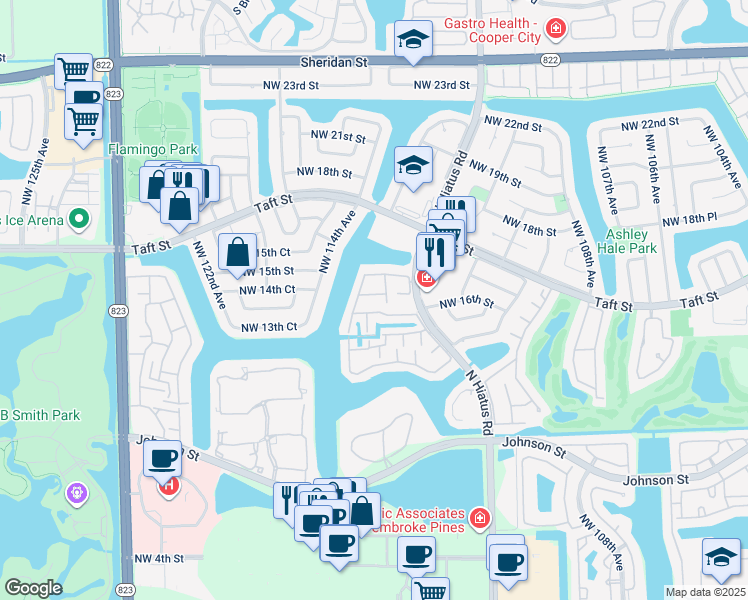 map of restaurants, bars, coffee shops, grocery stores, and more near 11300 Northwest 16th Street in Pembroke Pines