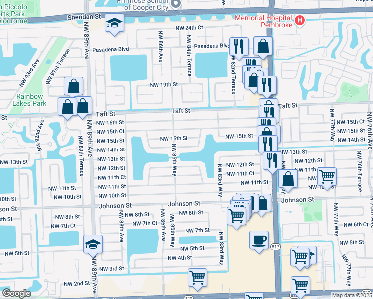 map of restaurants, bars, coffee shops, grocery stores, and more near 8480 Northwest 14th Street in Pembroke Pines