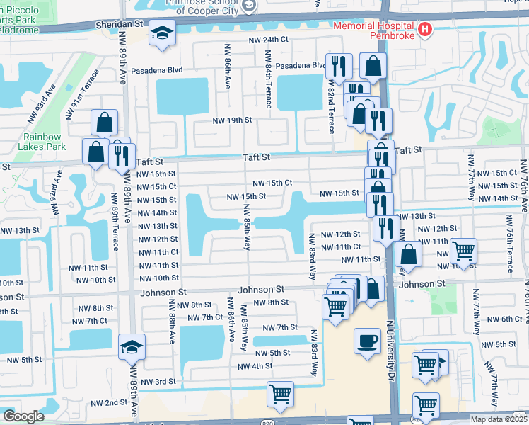 map of restaurants, bars, coffee shops, grocery stores, and more near 8480 Northwest 14th Street in Pembroke Pines
