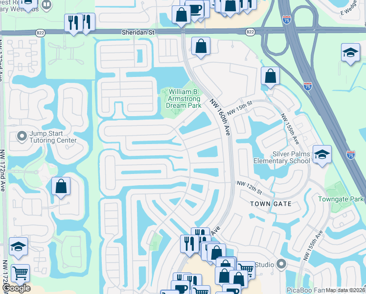 map of restaurants, bars, coffee shops, grocery stores, and more near 16303 Northwest 14th Street in Pembroke Pines