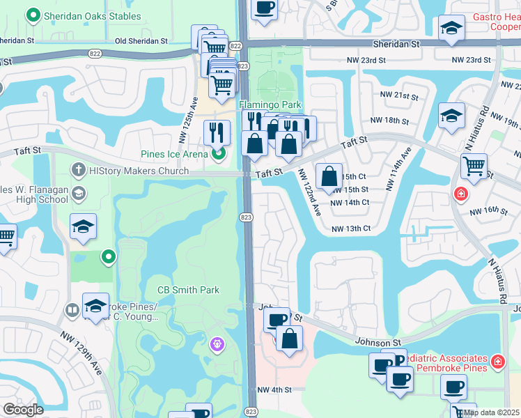 map of restaurants, bars, coffee shops, grocery stores, and more near 12386 Northwest 14th Court in Pembroke Pines