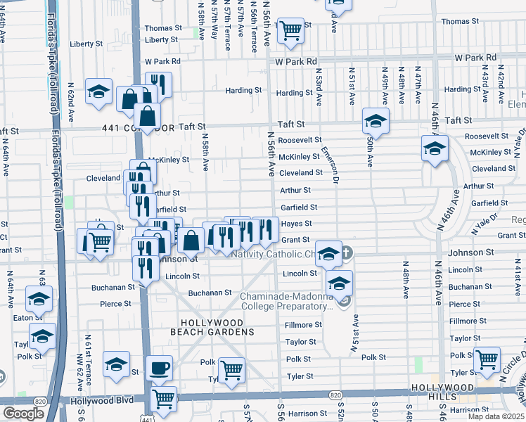 map of restaurants, bars, coffee shops, grocery stores, and more near 5616 Garfield Street in Hollywood