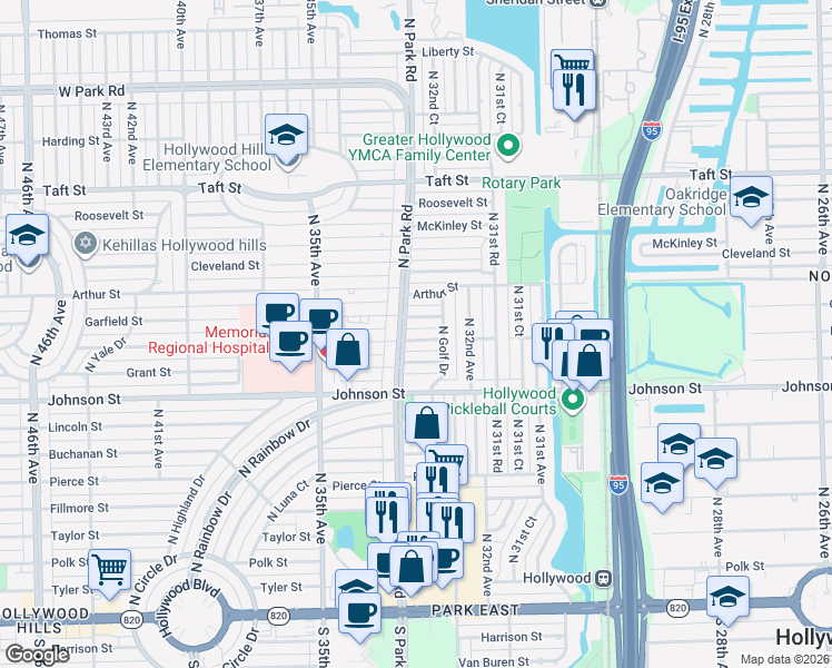 map of restaurants, bars, coffee shops, grocery stores, and more near 3245 Hayes Street in Hollywood
