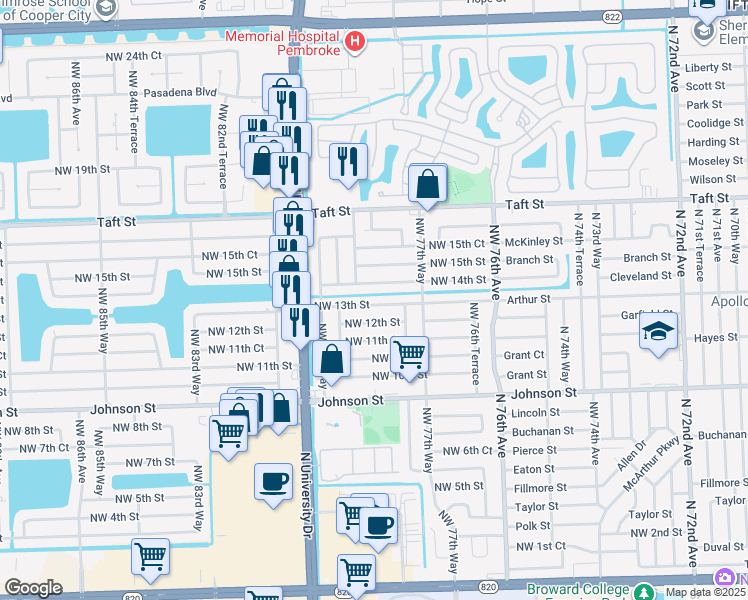 map of restaurants, bars, coffee shops, grocery stores, and more near 7861 Northwest 13th Street in Pembroke Pines