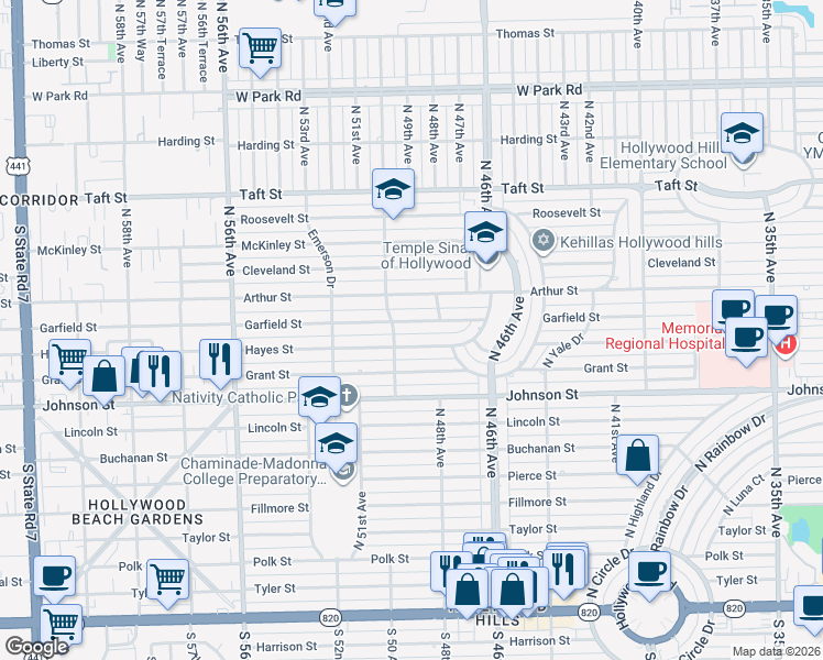 map of restaurants, bars, coffee shops, grocery stores, and more near 4906 Garfield Street in Hollywood