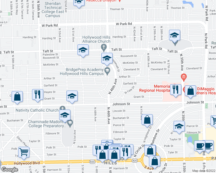 map of restaurants, bars, coffee shops, grocery stores, and more near 1113 North 46th Terrace in Hollywood