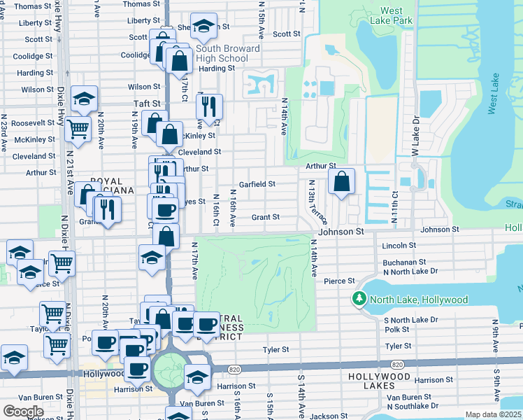 map of restaurants, bars, coffee shops, grocery stores, and more near 1500 Hayes Street in Hollywood