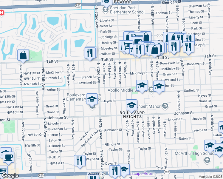 map of restaurants, bars, coffee shops, grocery stores, and more near 1231 North 71st Avenue in Hollywood
