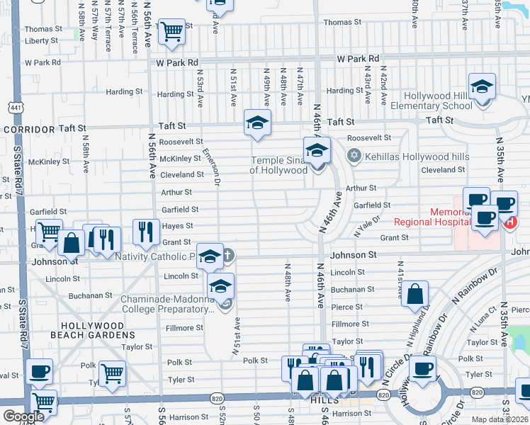 map of restaurants, bars, coffee shops, grocery stores, and more near 4906 Garfield Street in Hollywood