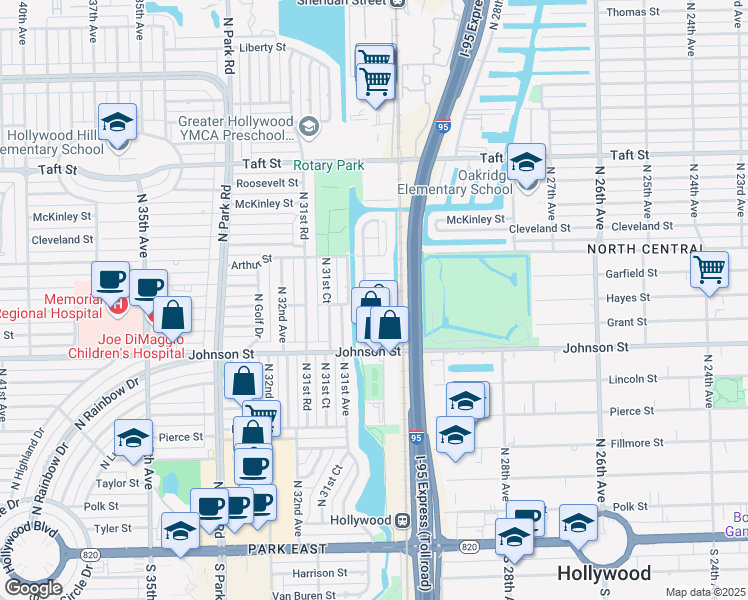 map of restaurants, bars, coffee shops, grocery stores, and more near 3046 Hayes Street in Hollywood