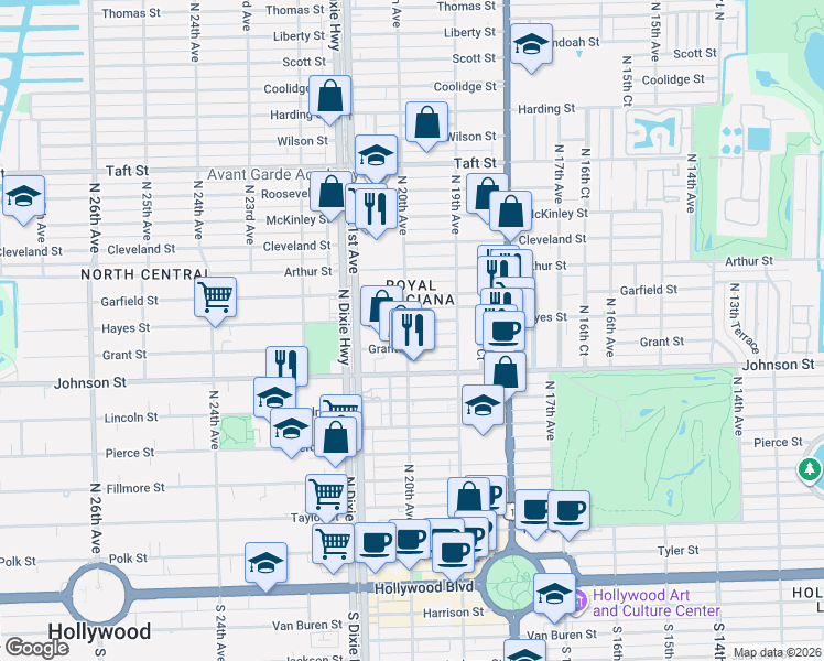 map of restaurants, bars, coffee shops, grocery stores, and more near 1940 Hayes Street in Hollywood