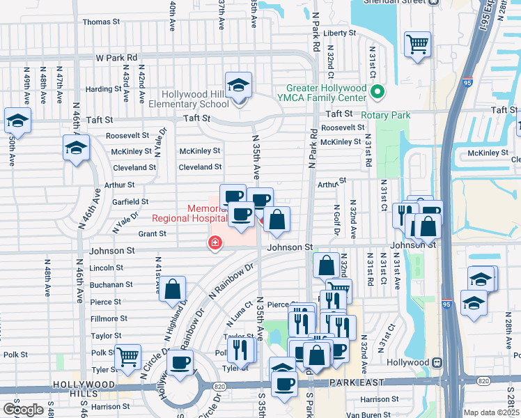 map of restaurants, bars, coffee shops, grocery stores, and more near 3418 Garfield Street in Hollywood