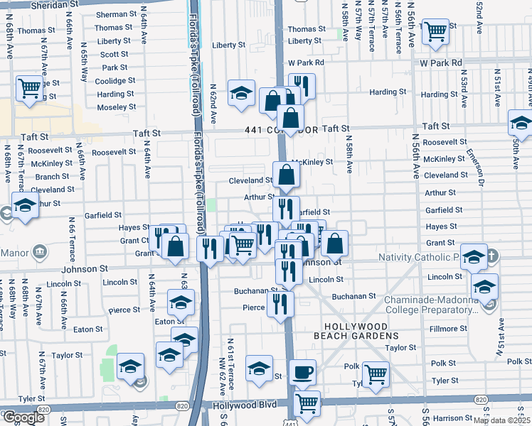 map of restaurants, bars, coffee shops, grocery stores, and more near 6045 Garfield Street in Hollywood