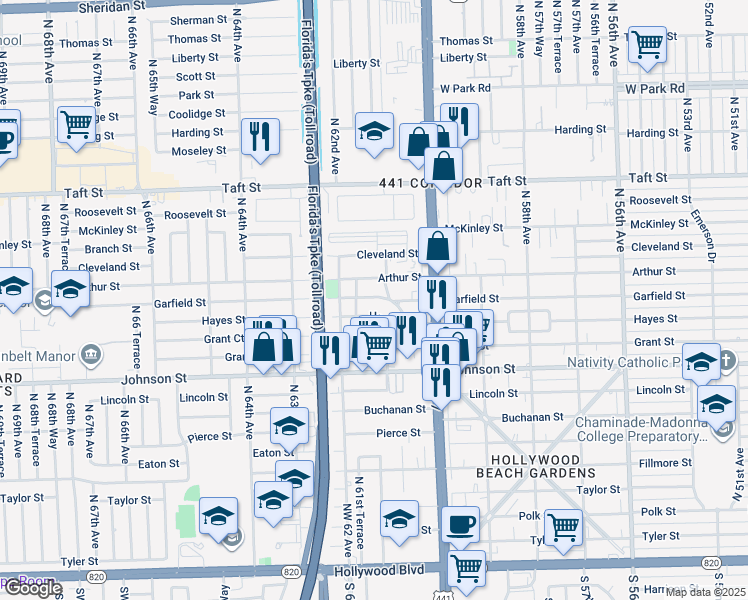 map of restaurants, bars, coffee shops, grocery stores, and more near 6129 Garfield Street in Hollywood