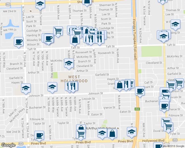 map of restaurants, bars, coffee shops, grocery stores, and more near 6591 Garfield Street in Hollywood