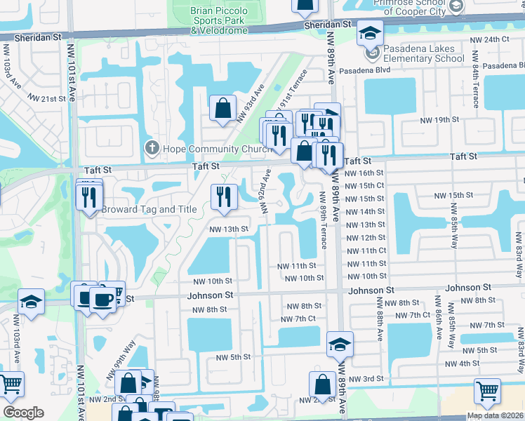 map of restaurants, bars, coffee shops, grocery stores, and more near 9271 Northwest 14th Court in Pembroke Pines