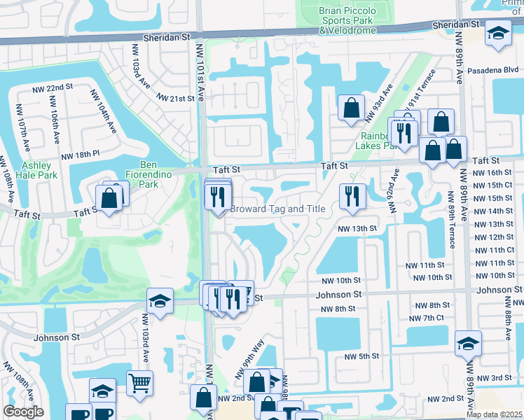 map of restaurants, bars, coffee shops, grocery stores, and more near 1531 Northwest 98th Avenue in Pembroke Pines