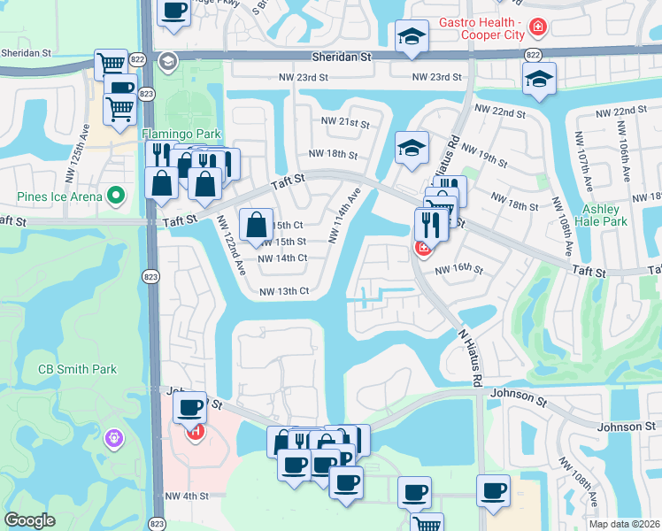 map of restaurants, bars, coffee shops, grocery stores, and more near 1420 Northwest 114th Avenue in Pembroke Pines