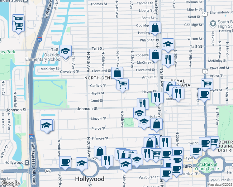 map of restaurants, bars, coffee shops, grocery stores, and more near 2418 Hayes Street in Hollywood