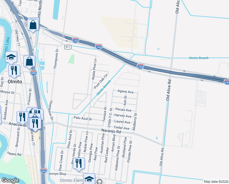 map of restaurants, bars, coffee shops, grocery stores, and more near 7614 Agave Avenue in Brownsville