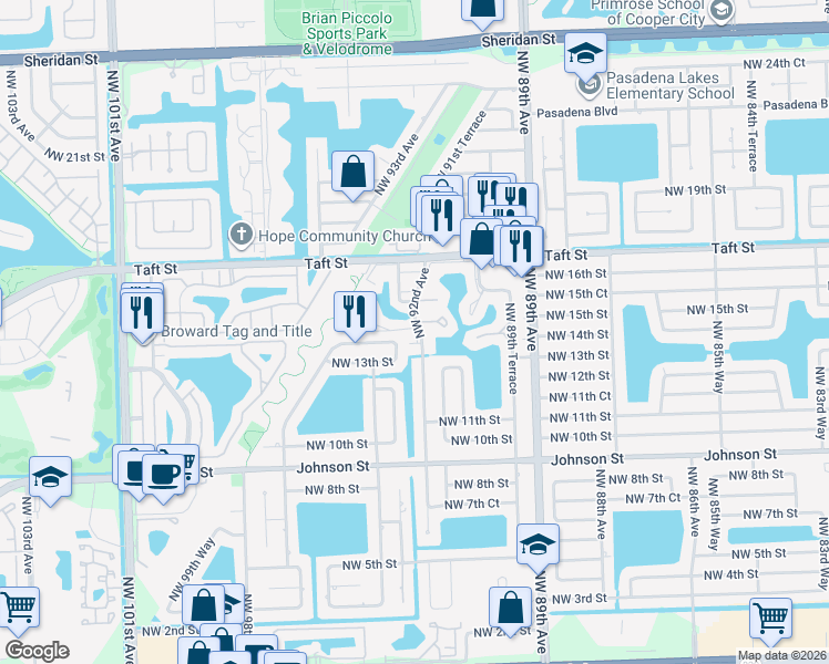 map of restaurants, bars, coffee shops, grocery stores, and more near 9271 Northwest 14th Court in Pembroke Pines