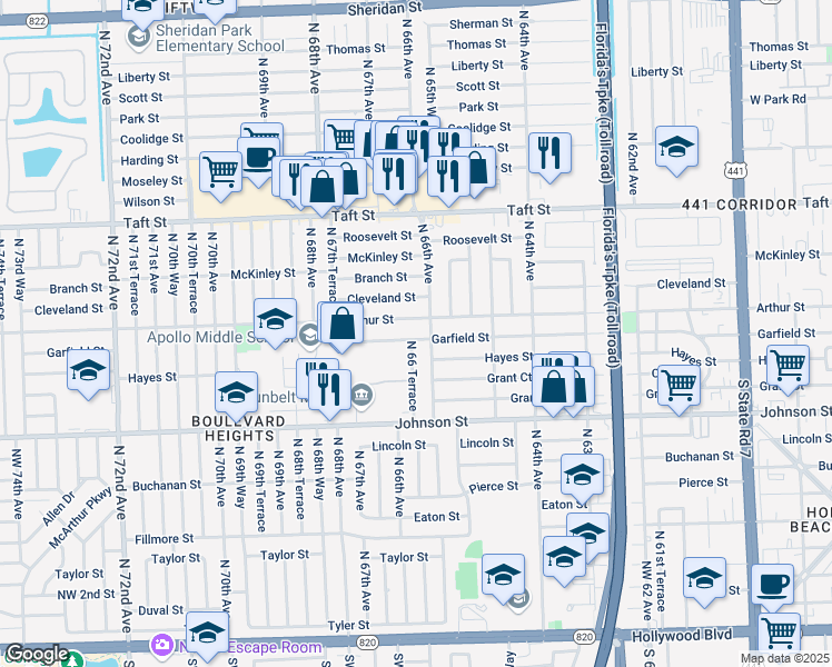 map of restaurants, bars, coffee shops, grocery stores, and more near 6591 Garfield Street in Hollywood