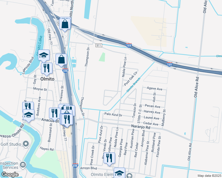 map of restaurants, bars, coffee shops, grocery stores, and more near 7332 Burr Oak Loop in Brownsville