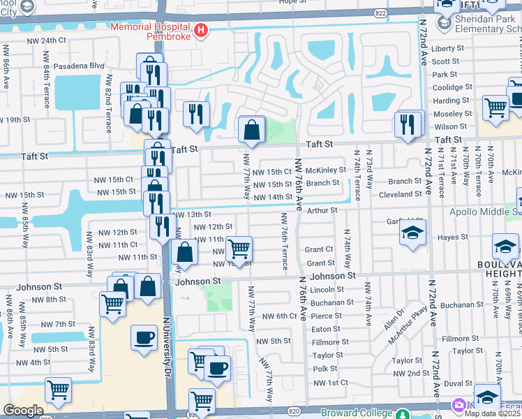 map of restaurants, bars, coffee shops, grocery stores, and more near 7721 Northwest 13th Street in Pembroke Pines