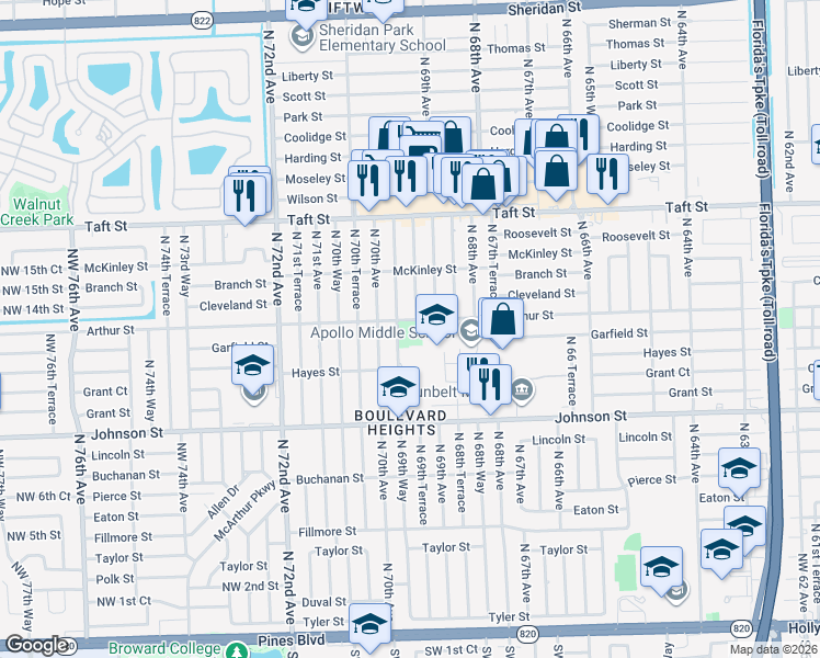 map of restaurants, bars, coffee shops, grocery stores, and more near 1231 North 69th Way in Hollywood