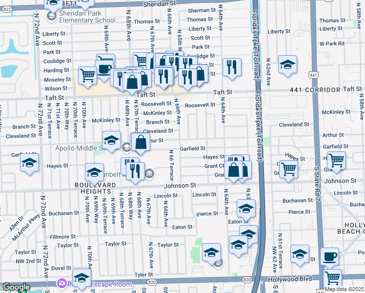 map of restaurants, bars, coffee shops, grocery stores, and more near 6591 Garfield Street in Hollywood