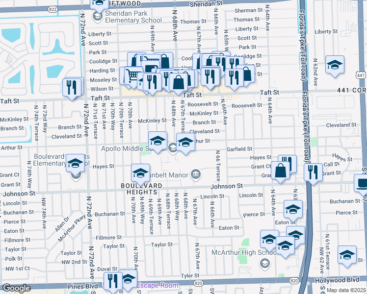 map of restaurants, bars, coffee shops, grocery stores, and more near 6770 Garfield Street in Hollywood