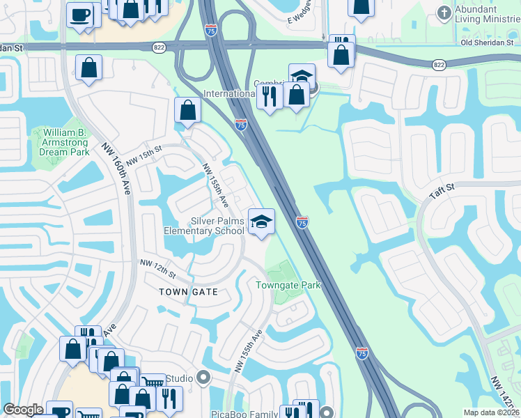 map of restaurants, bars, coffee shops, grocery stores, and more near 1221 Northwest 154th Avenue in Pembroke Pines