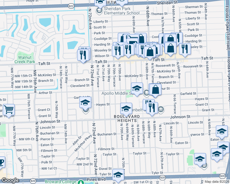 map of restaurants, bars, coffee shops, grocery stores, and more near 1231 North 70th Terrace in Hollywood