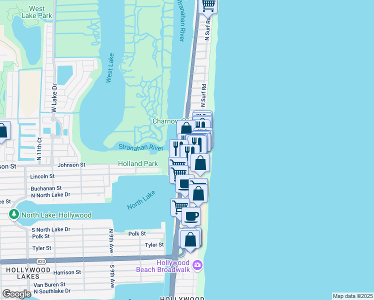 map of restaurants, bars, coffee shops, grocery stores, and more near 334 Grant Street in Hollywood