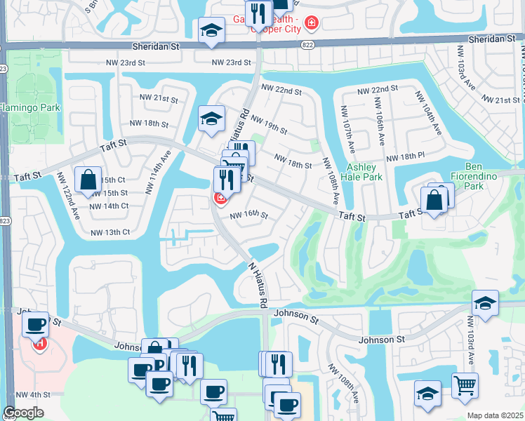 map of restaurants, bars, coffee shops, grocery stores, and more near 11001 Northwest 16th Street in Pembroke Pines