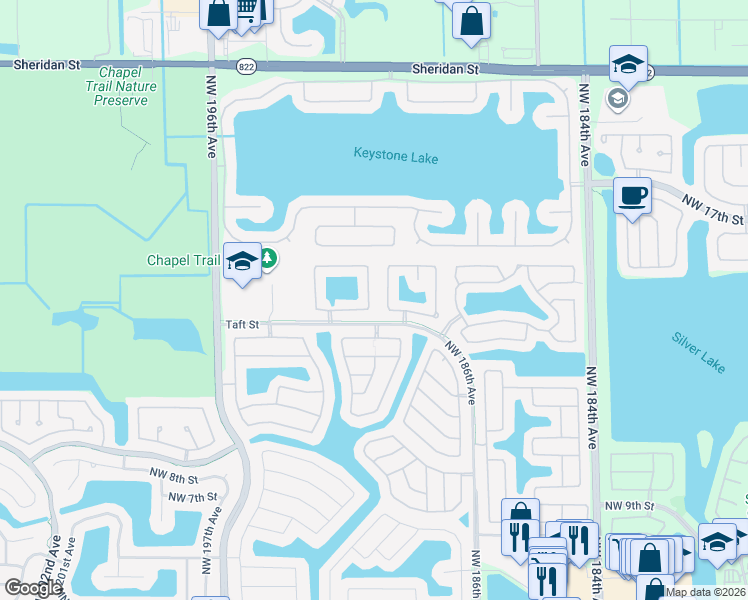 map of restaurants, bars, coffee shops, grocery stores, and more near 1968 Northwest 191st Avenue in Pembroke Pines