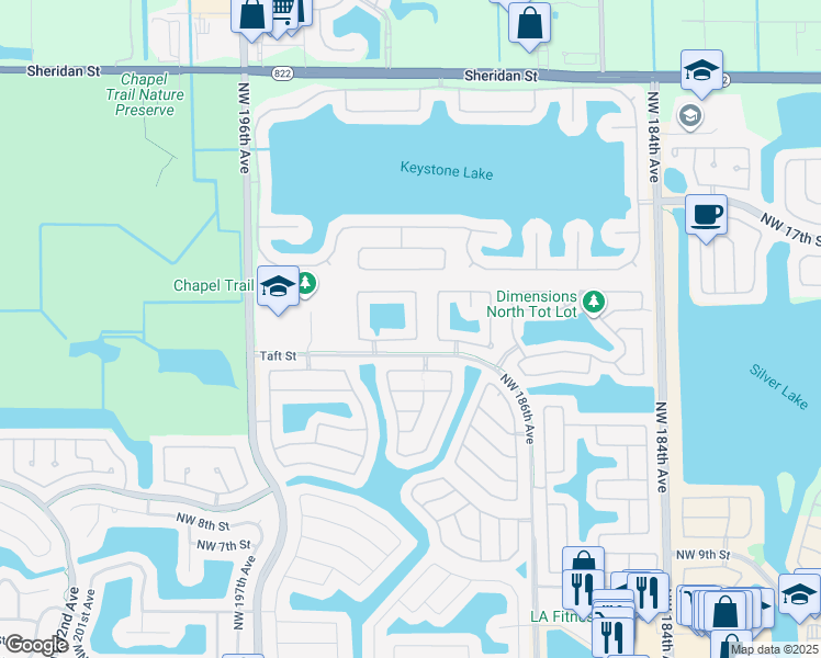 map of restaurants, bars, coffee shops, grocery stores, and more near 1968 Northwest 191st Avenue in Pembroke Pines