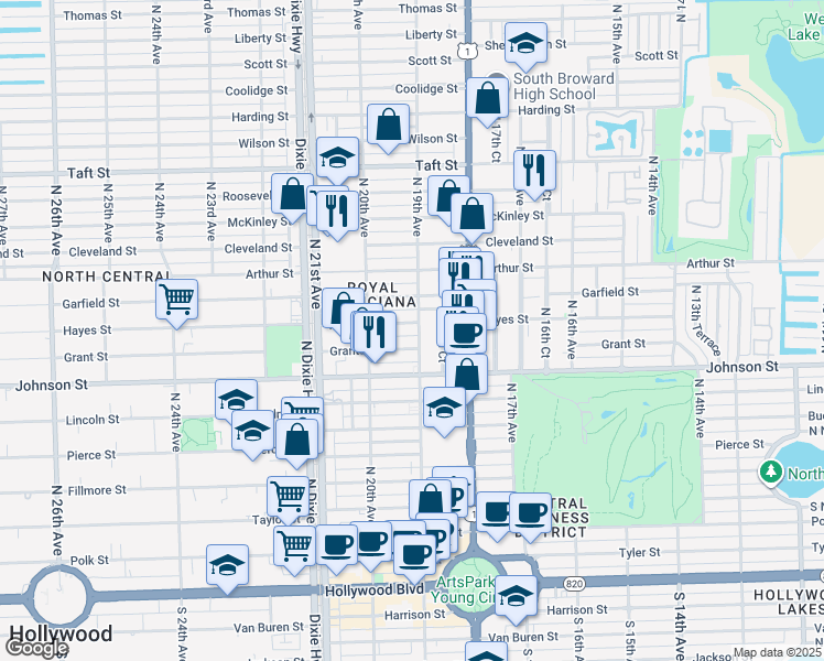 map of restaurants, bars, coffee shops, grocery stores, and more near 1019 North 19th Avenue in Hollywood