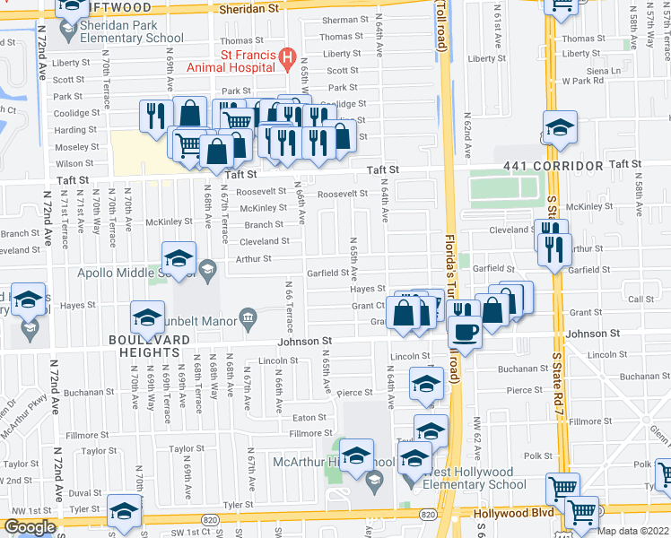 map of restaurants, bars, coffee shops, grocery stores, and more near 6531 Garfield Street in Hollywood