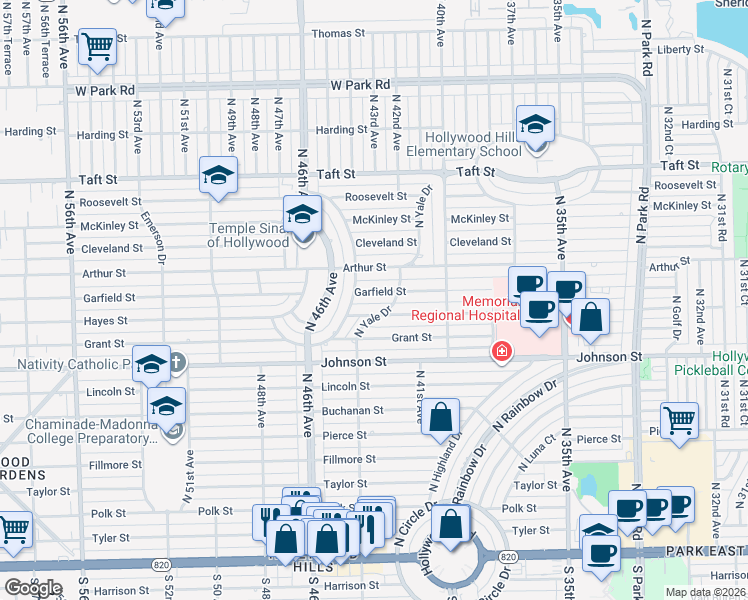 map of restaurants, bars, coffee shops, grocery stores, and more near 4306 Garfield Street in Hollywood