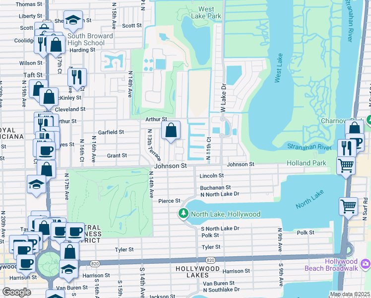 map of restaurants, bars, coffee shops, grocery stores, and more near 1011 North 12th Terrace in Hollywood