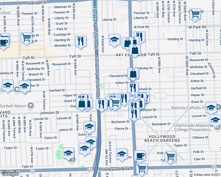 map of restaurants, bars, coffee shops, grocery stores, and more near 6129 Garfield Street in Hollywood