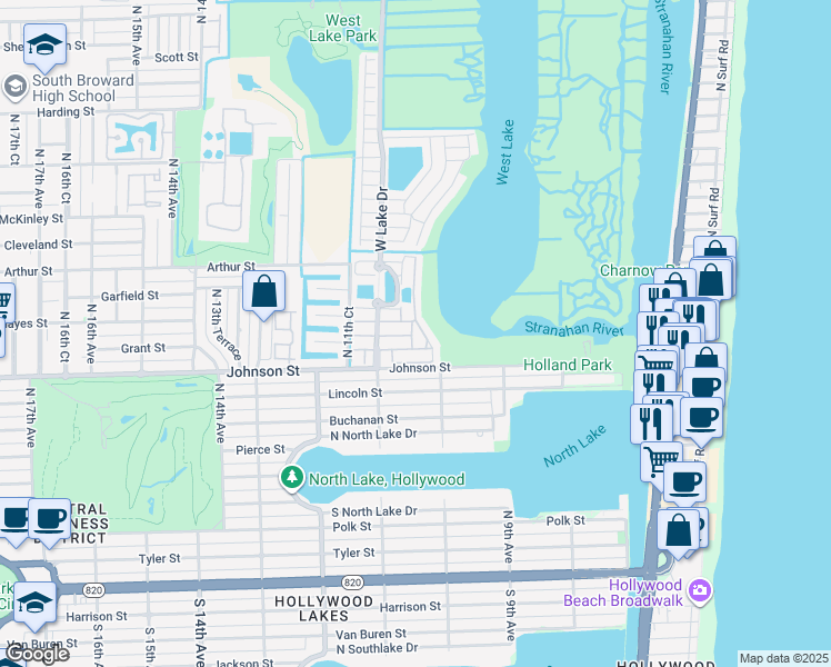 map of restaurants, bars, coffee shops, grocery stores, and more near 1041 Satinleaf Street in Hollywood