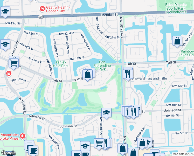 map of restaurants, bars, coffee shops, grocery stores, and more near 1551 Rue Vendome in Pembroke Pines