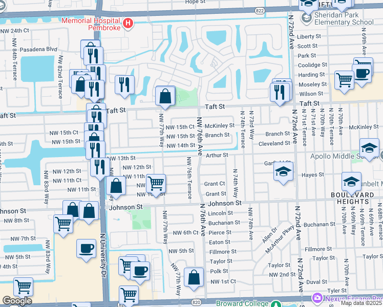 map of restaurants, bars, coffee shops, grocery stores, and more near 7631 Northwest 13th Street in Pembroke Pines